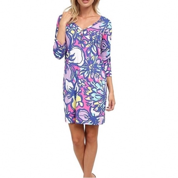Lilly Pulitzer Dresses & Skirts - Lilly Pulitzer Palmetto V-Neck Dress XL Catwalkin Pink Blue Floral Pima Cotton